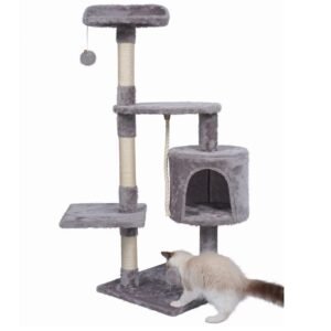 Cat tree Large Cat scratcher with hut and 3 seats light gray